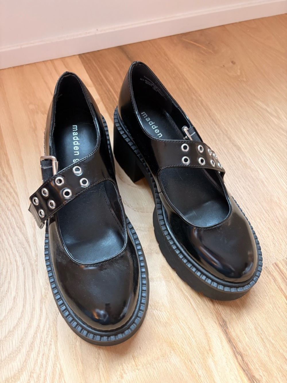 Madden Girl Black Patent Mary Jane Heels with Grommet Strap